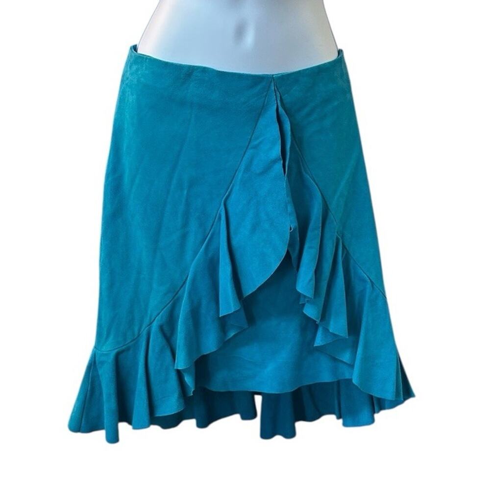 Cache Genuine Goat Suede Ruffle Mini Skirt Turquoise Blue Asymmetrical Y2K Sz 12